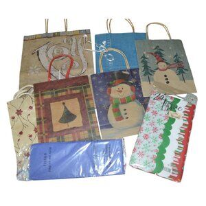 Retro Kraft Paper Christmas Holiday Gift Bag Tissue Party Bundle 8 Pieces